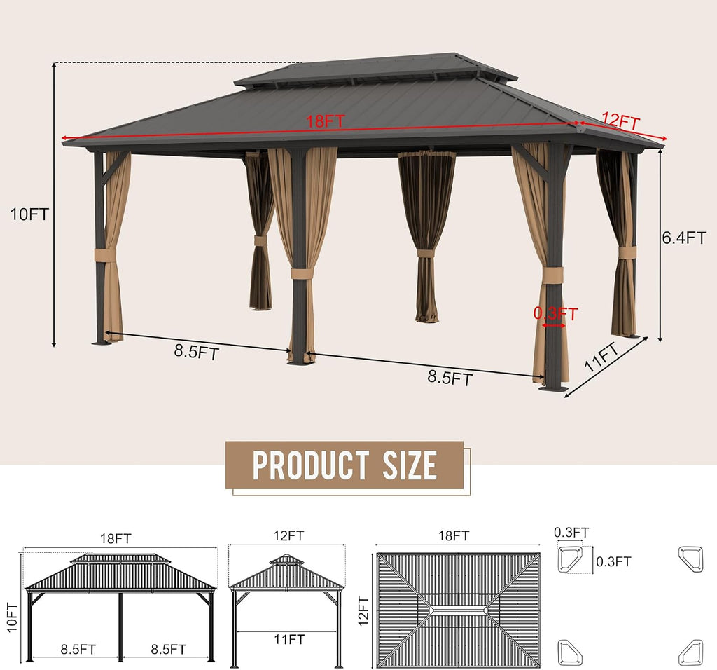 12'x18' Hardtop Gazebo, Outdoor Aluminum Frame Galvanized Steel Double Roof Pavilion with Netting and Shaded Curtains, Permanent Metal Pergolas for Patio, Backyard, Deck and Lawns.