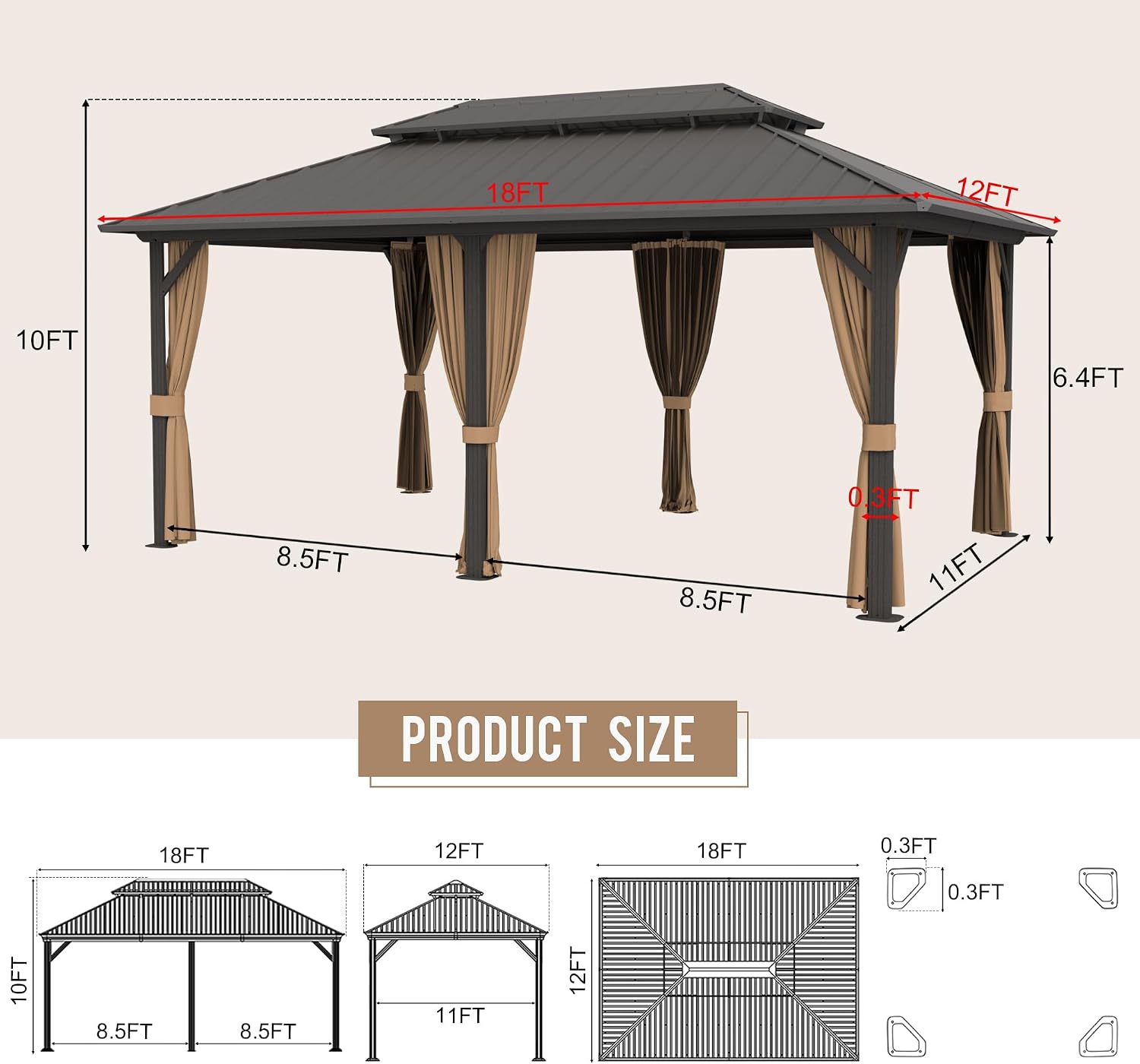 12'x18' Hardtop Gazebo, Outdoor Aluminum Frame Galvanized Steel Double Roof Pavilion with Netting and Shaded Curtains, Permanent Metal Pergolas for Patio, Backyard, Deck and Lawns.