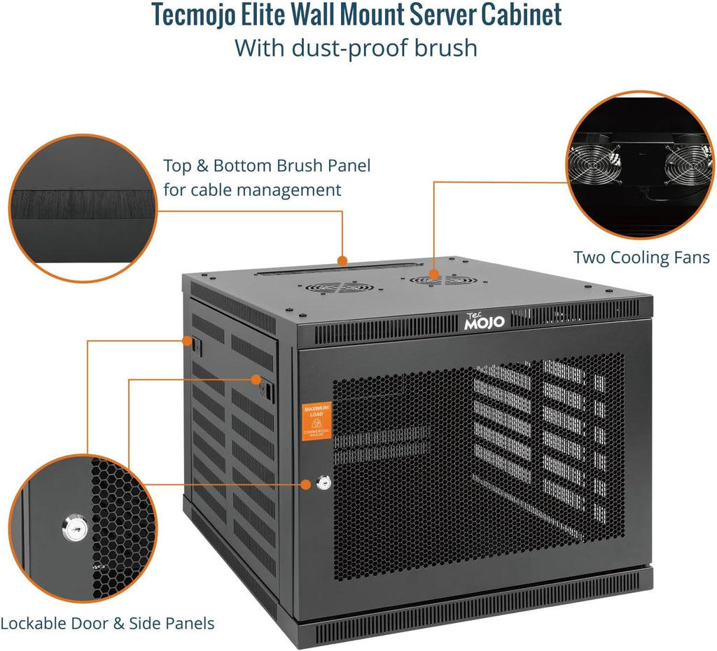 Tecmojo 9U Wall Mount Rack Cabinet, Heavy-Duty 176 Lbs High Load Capacity, 19' Enclosed Server Network Rack with 2 Colling Fans, Mesh Door, 23.6' Deep – Elite Collection