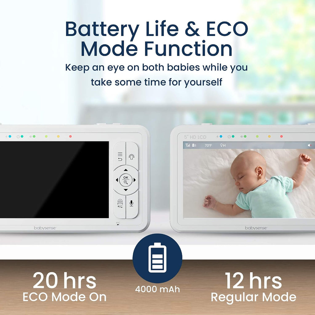 Babysense 5' HD Split-Screen Baby Monitor, Video Baby Monitor with 2 Cameras and Audio, Night Light, 1000ft Range, Two-Way Audio, 4X Zoom, Night Vision, 4000mAh Battery