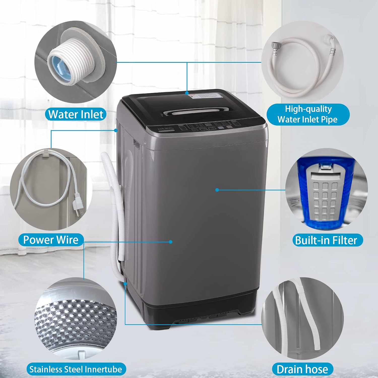Anukis Fully Automatic Washing Machine, 13 lbs Capacity Compact Laundry Washer with Drain Pump 10 Wash Program & 8 Water Levels for Apartment, Dorm-Grey