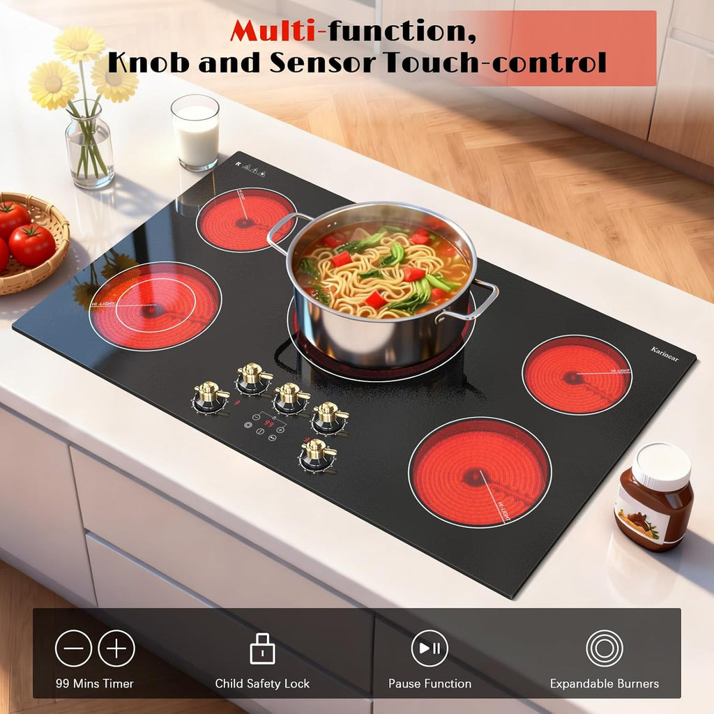 Karinear 36 inch Electric Cooktop, 5 Burner Radiant Cooktop with Knob & Touch Control, 9200W 240V Built-in Stove Top, 9 Power Levels, Timer, Child Lock, Pause, Residual Heat Indicator(Gold Knob)