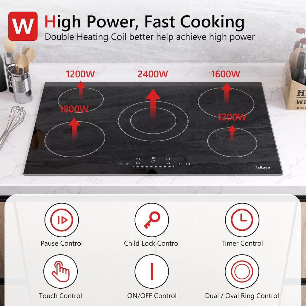 Electric Cooktop 30 Inch, IsEasy Ceramic Cooktop 5 Burners, Electric Stove Top Built-in Countertop 8200W with 9 Heating Level, 220-240V, Hard Wire, No Plug