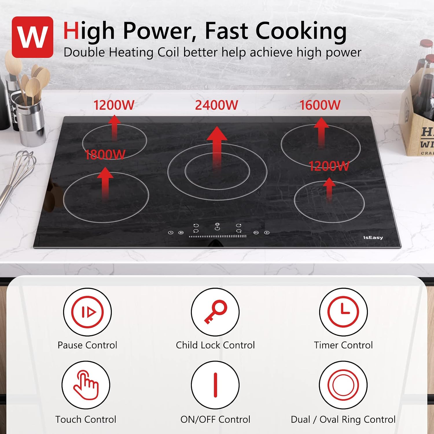Electric Cooktop 30 Inch, IsEasy Ceramic Cooktop 5 Burners, Electric Stove Top Built-in Countertop 8200W with 9 Heating Level, 220-240V, Hard Wire, No Plug