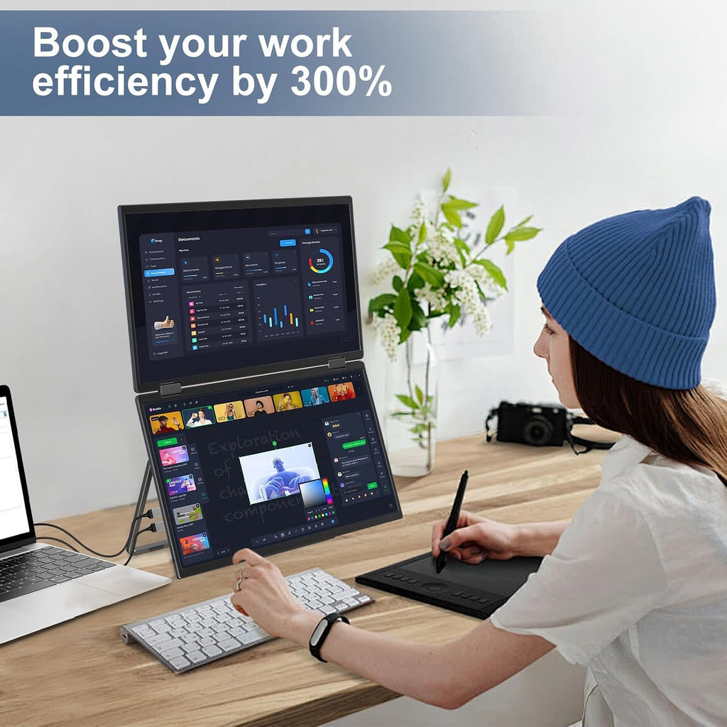InnoView Portable Dual Monitor 15.6' 1920x1080 Dual Stacked Foldable Monitor | 315° Screen Adjustment | USB-C/HDMI Second Monitor for Laptop, Mac, Windows