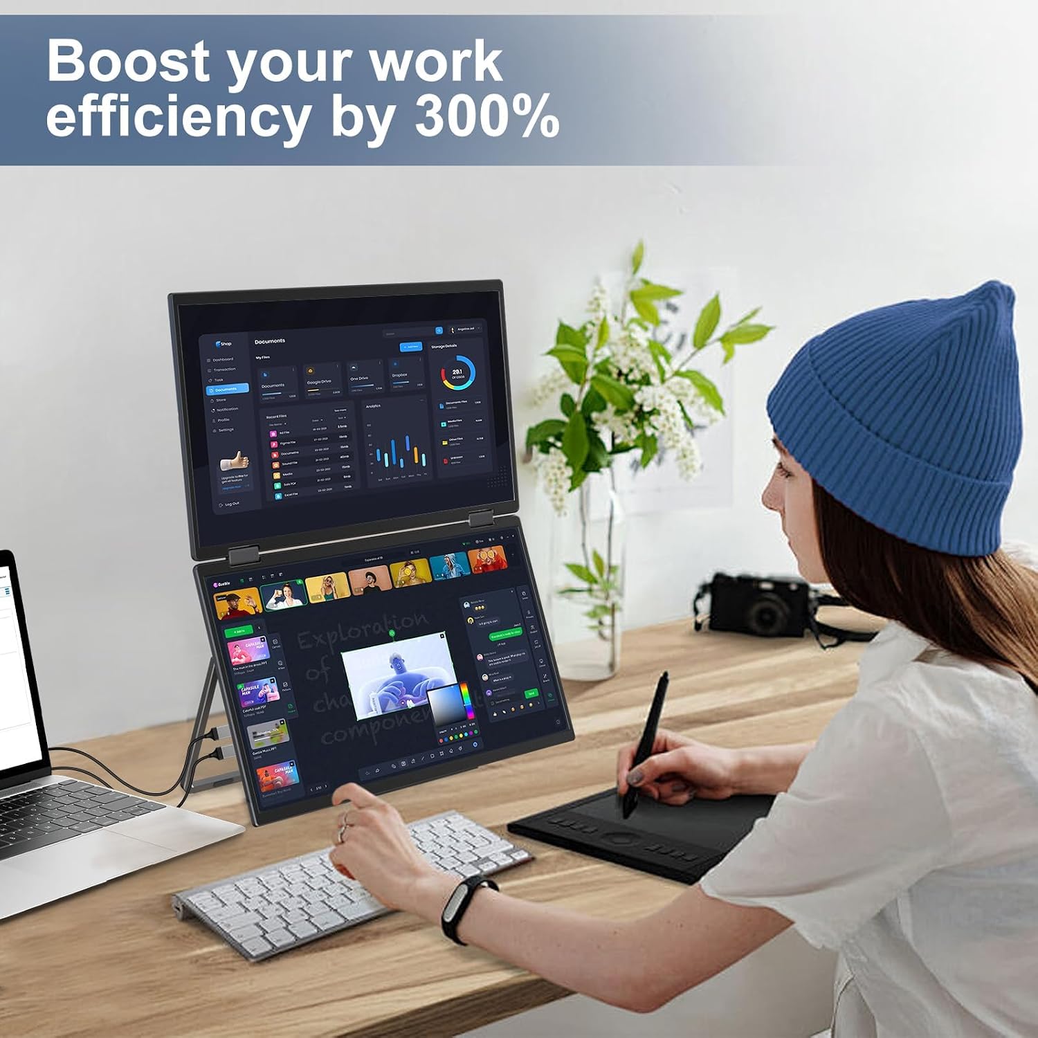 InnoView Portable Dual Monitor 15.6' 1920x1080 Dual Stacked Foldable Monitor | 315° Screen Adjustment | USB-C/HDMI Second Monitor for Laptop, Mac, Windows