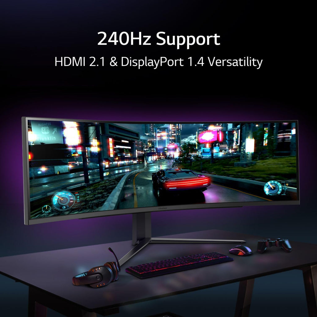 LG 49' Ultragear DQHD (5120x1440) Curved Gaming Monitor, 240Hz, 1ms, VESA DisplayHDR 1000, HDMI 2.1, DisplayPort, 4-Pole HP Out DTS HP:X, AMD FreeSync Premium Pro, Tilt/Swivel/Height Stand, Black