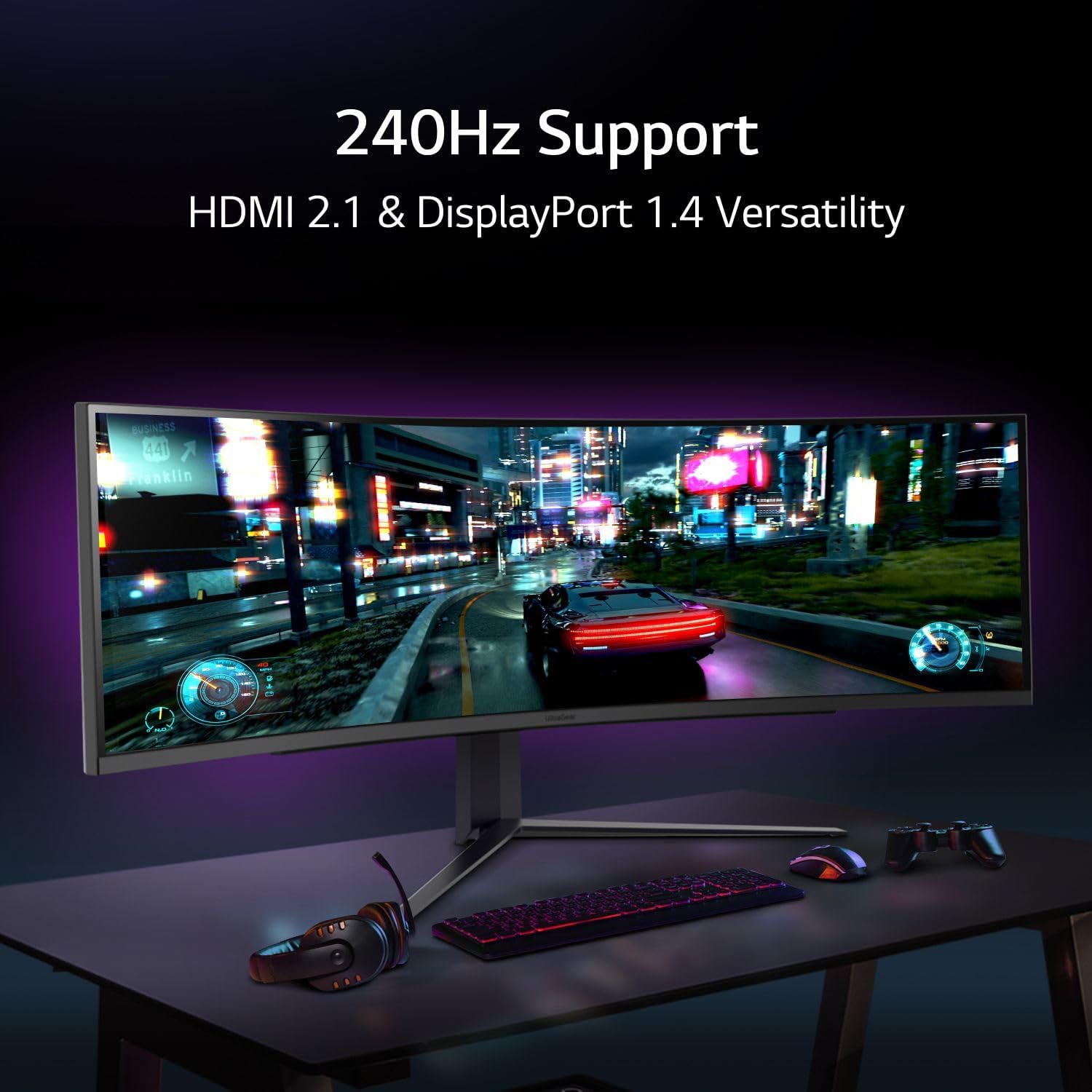 LG 49' Ultragear DQHD (5120x1440) Curved Gaming Monitor, 240Hz, 1ms, VESA DisplayHDR 1000, HDMI 2.1, DisplayPort, 4-Pole HP Out DTS HP:X, AMD FreeSync Premium Pro, Tilt/Swivel/Height Stand, Black