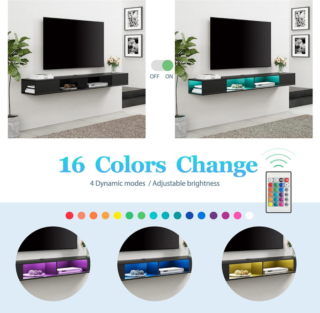 WAMPAT Floating Entertainment Center for 80 Inch TV,TV Stand Wall Mounted with LED Light, Floating TV Shelf Under TV for Living Room, Bedroom, Black
