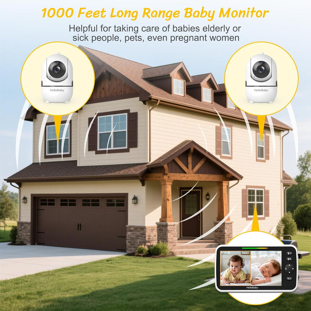 HelloBaby Baby Monitor with 2 Cameras, 6' World First Split Screen, No WiFi, 30H Battery, 355° Pan-Tilt-Zoom, Night Vision, VOX, 8 Lullabies, Temperature Alert, 1000ft Range, Portable for Travel