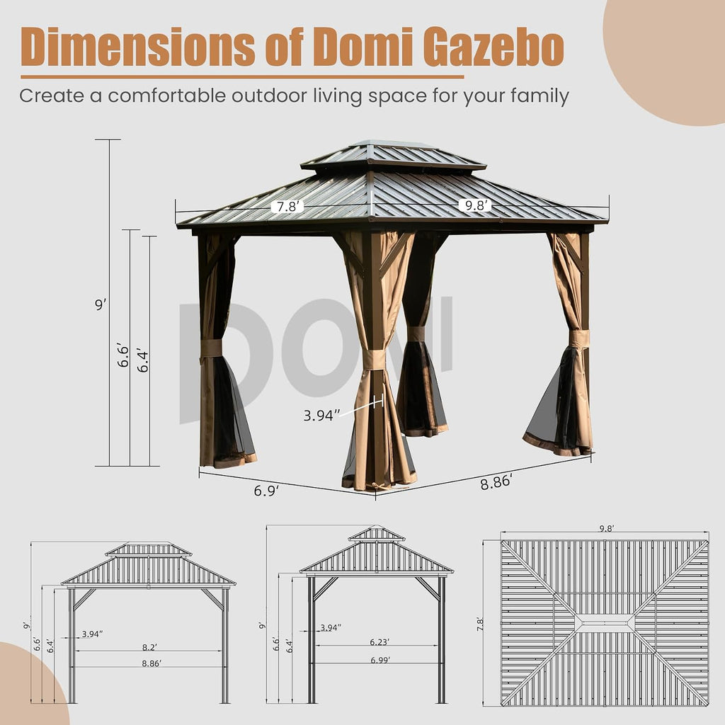 Domi 8' x 10' Hardtop Gazebo, Outdoor Metal Gazebo for Patios with Galvanized Steel Double Roof, Heavy Duty Curtains and Netting Included, Permanent Pergola for Backyard, Garden Lawn, Brown