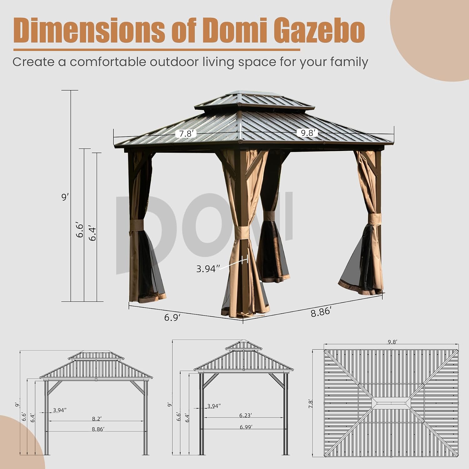 Domi 8' x 10' Hardtop Gazebo, Outdoor Metal Gazebo for Patios with Galvanized Steel Double Roof, Heavy Duty Curtains and Netting Included, Permanent Pergola for Backyard, Garden Lawn, Brown