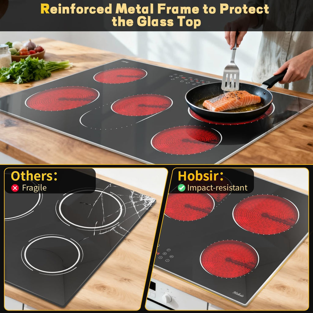 Hobsir 30 Inch Electric Cooktop, 5 Burners Cooktop, Electric Stove Top Burner, 8400W Drop-in Ceramic Stove Cooktops with Glass Metal Frame, Timer, Safety Lock, 220-240V, Hard Wired (No Plug) Cooktops