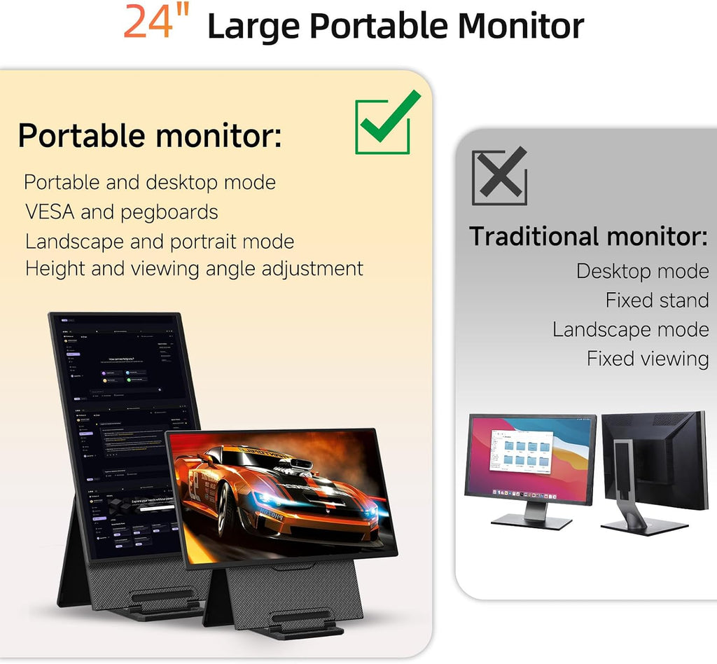 23.8' Large Portable Monitor - 1080P FHD 100Hz IPS HDR Second Screen, HDMI/USB-C Gaming Monitor with Magnetic Stand(Height-Adjustable & Rotatable), Speakers, VESA Mount Display for Laptop/MacBook/PC