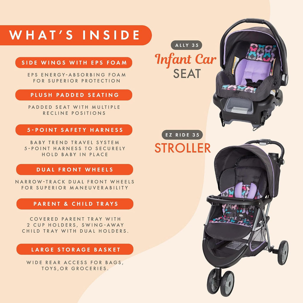 Baby Trend EZ Ride 35 Travel System, Stroller and Infant Car Seat Combo, Sophia - Lightweight and Foldable Compact Design with One Hand Fold and Adjustable Handle