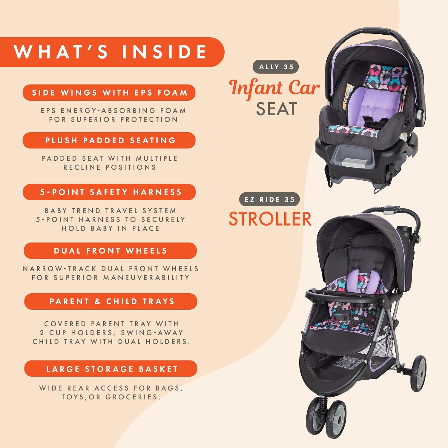 Baby Trend EZ Ride 35 Travel System, Stroller and Infant Car Seat Combo, Sophia - Lightweight and Foldable Compact Design with One Hand Fold and Adjustable Handle