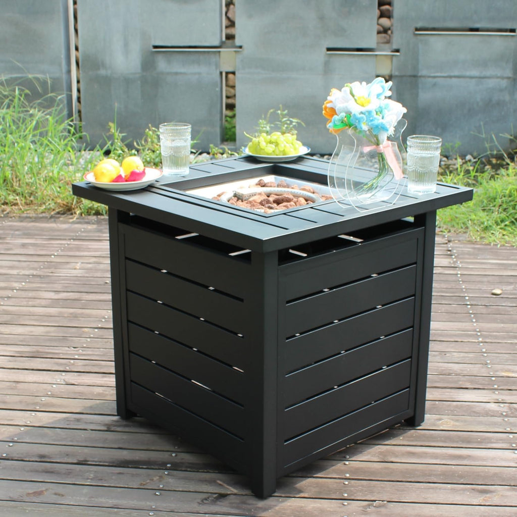OutVue 28 inch Propane Fire Pit Table, Outdoor Gas Fire Pits with Lid & Lava Rock, 50000 BTU Firepit for Dinning, Party in Outside, Patio, Garden or Yard (Black)