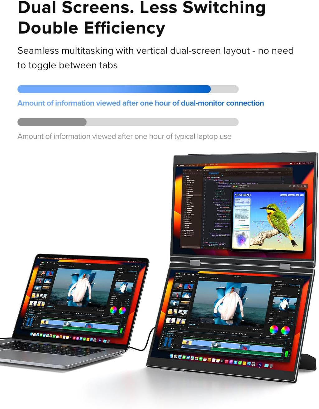 UPERFECT Delta Pro Touch Portable Monitor, 16' 2K Laptop Screen Extender, Touchscreen Dual Monitor with Stylus, First Pressure-Sensitive Touch Display, Stacked Folding Vertical Dual Screen with Stand