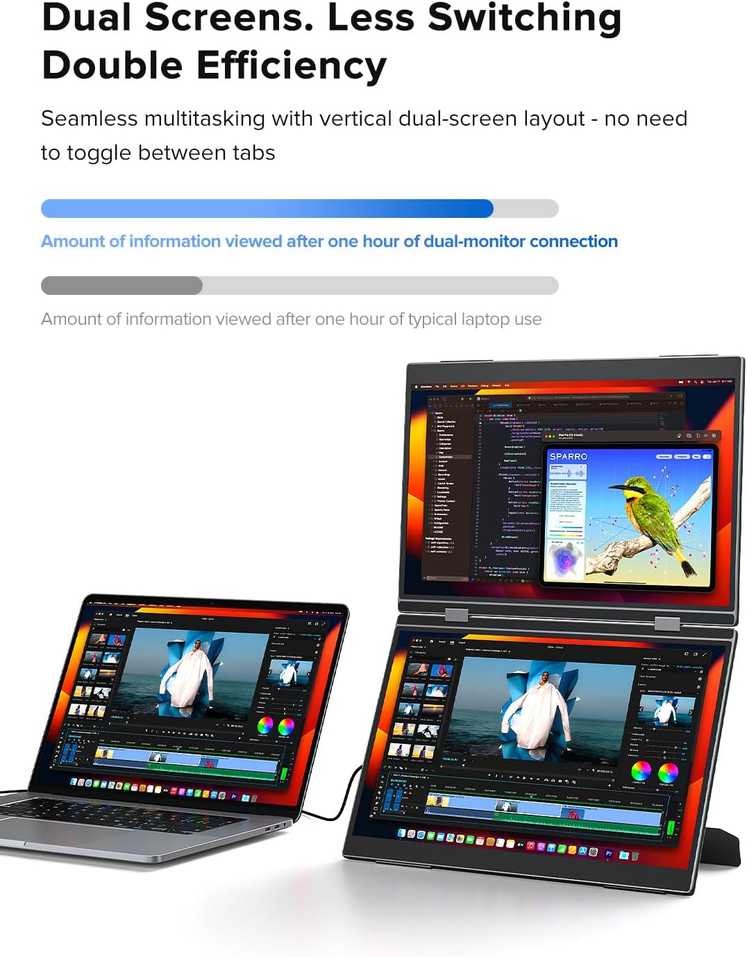 UPERFECT Delta Pro Touch Portable Monitor, 16' 2K Laptop Screen Extender, Touchscreen Dual Monitor with Stylus, First Pressure-Sensitive Touch Display, Stacked Folding Vertical Dual Screen with Stand