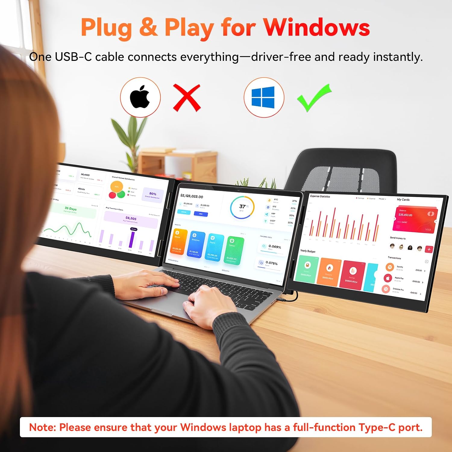 HotYeah Laptop Screen Extender (Windows Only), 15.6' 1080P Dual Extended Monitor, USB-C Travel Screen for 12-17' Laptop, Triple Portable Monitor w/Kickstand & 240° Rotation, One Cable Connection