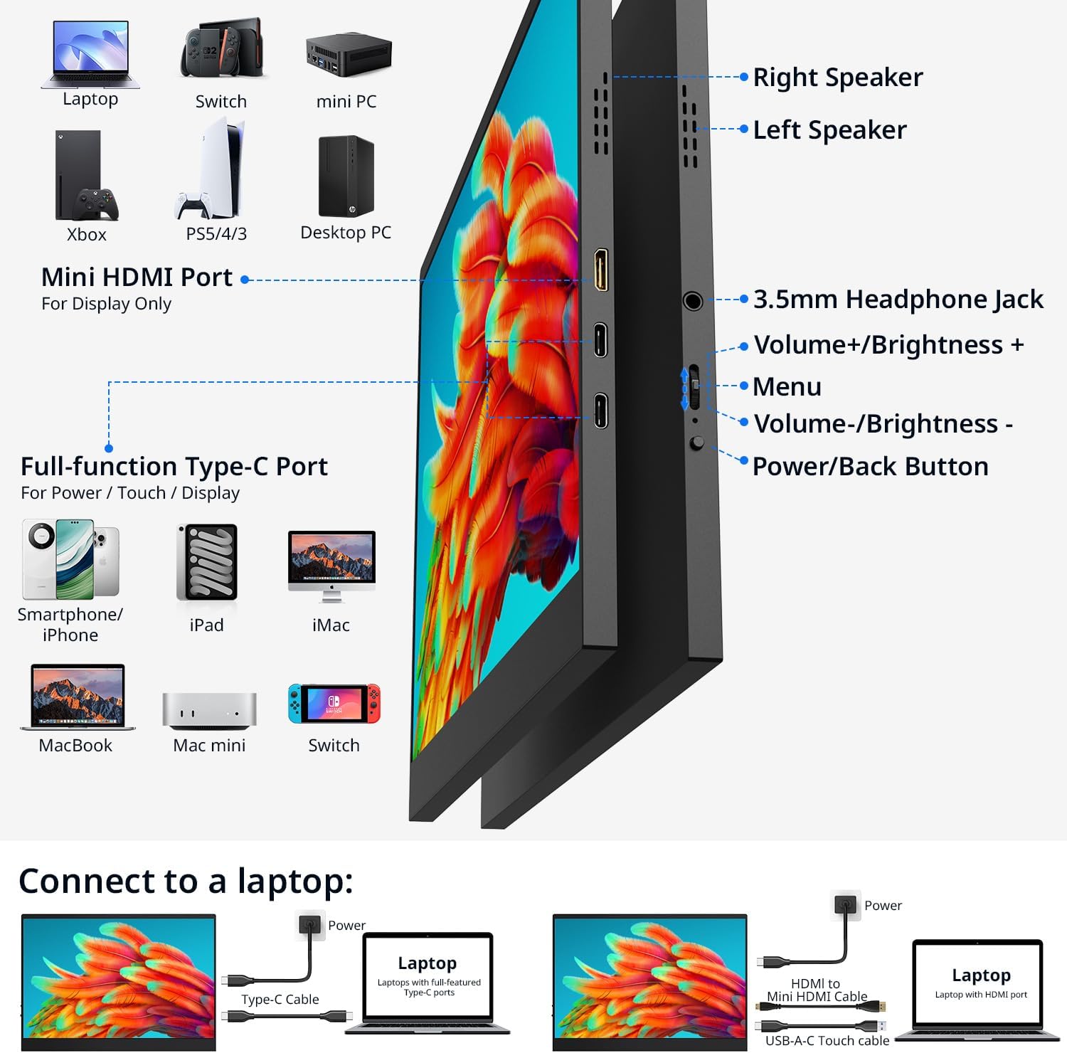 AYY 4k Portable Monitor Touchscreen, 13.4' 3840x2160 Second Screen 100% sRGB,400cd HDR USB C Ultra Slim IPS Laptop Monitor, for Mac Switch