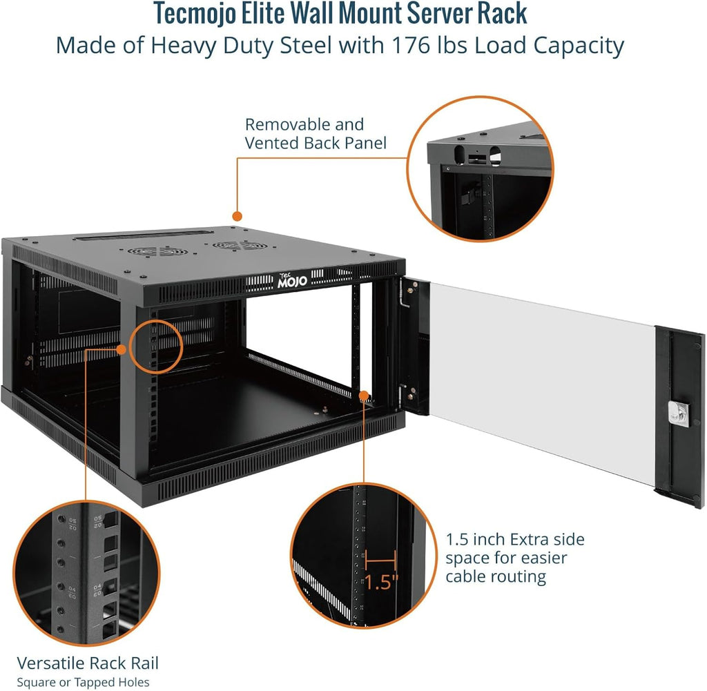Tecmojo 6U Wall Mount Rack Cabinet, Heavy-Duty 176 Lbs High Load Capacity, 19' Enclosed Server Network Rack with 2 Colling Fans, Glass Door, 23.6' Deep – Elite Collection