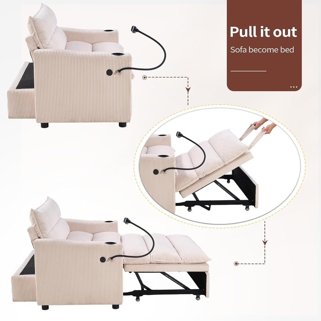 HAOMARKETS 3-in-1 Convertible Loveseat Sleeper Sofa Bed, 2-Seat Pull Out Couch with Cup Holders, Phone Holder and USB Ports, Corduroy 3-Level Adjustable Backrest Couches for Living Room, Beige