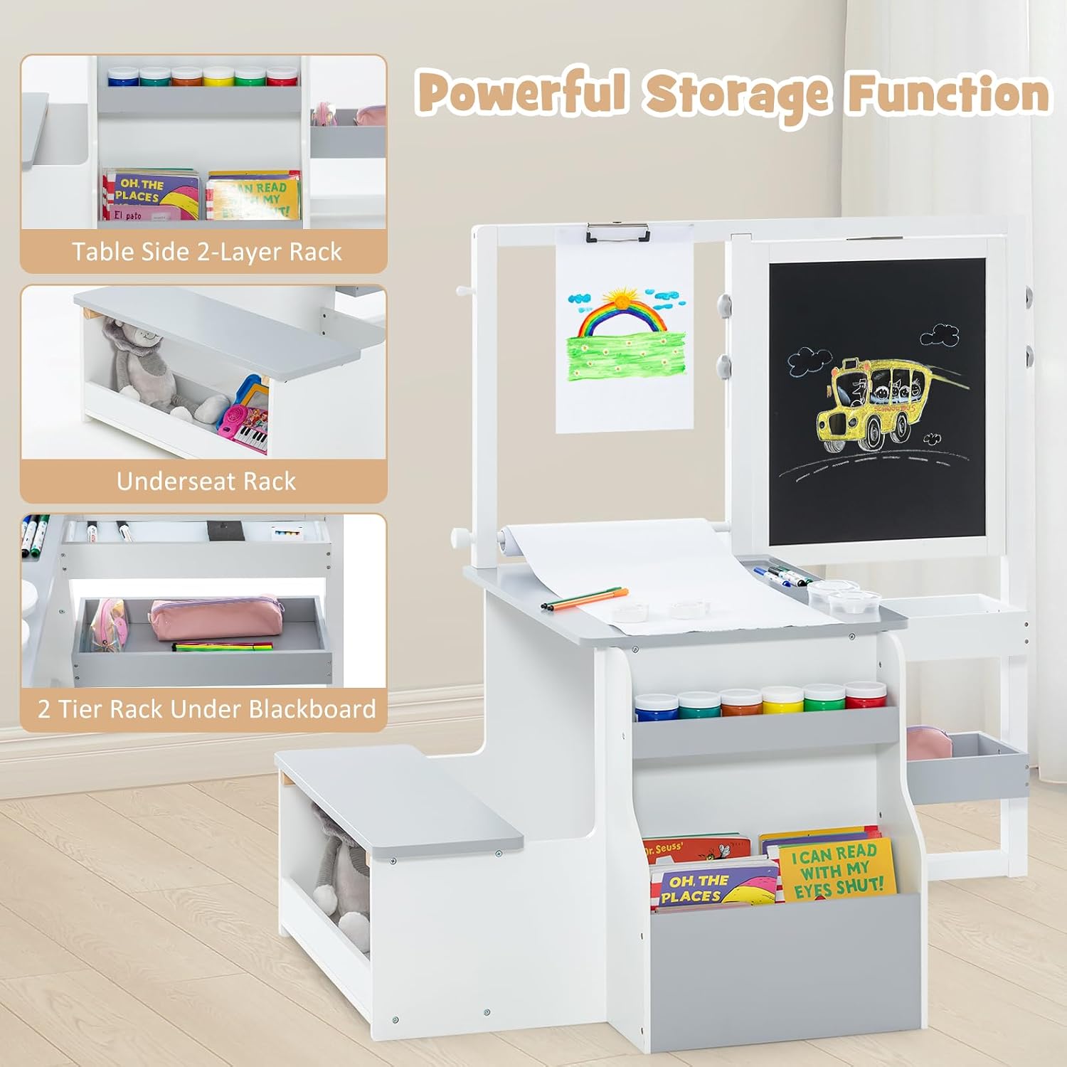 INFANS 3 in 1 Kids Art Table and Chair Set, Toddler Craft and Play Wood Activity Desk with Double-Sided Easel Blackboard Whiteboard, Paper Roll for Writing, Children Furniture for Daycare Nursery