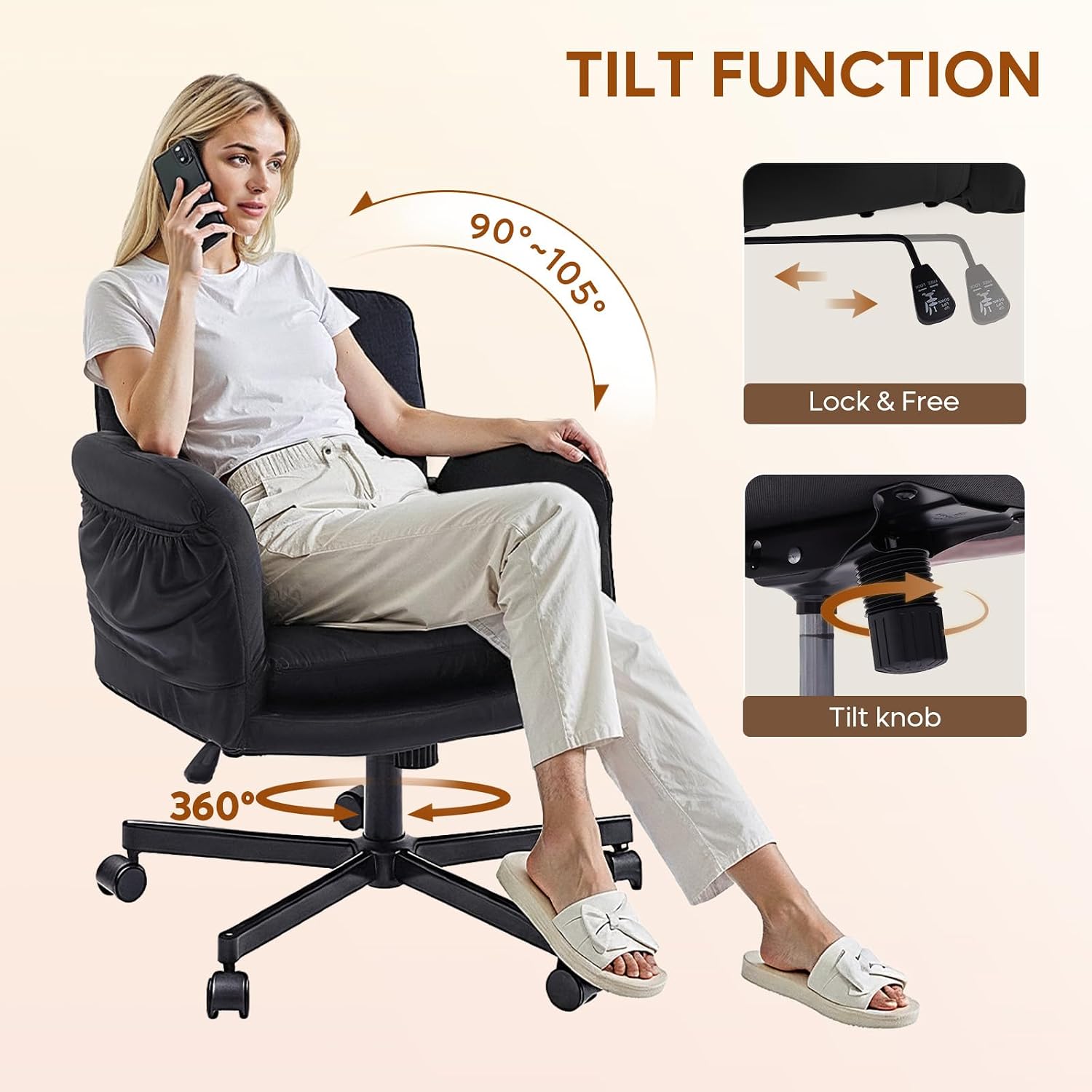 Bestier Criss Cross Office Chair with Flip-Up Armrests, Swivel Makeup Vanity Chair with Wheels & Side Pockets, Cross Legged Office Chair for Home Office, Bedroom, Black Velvet