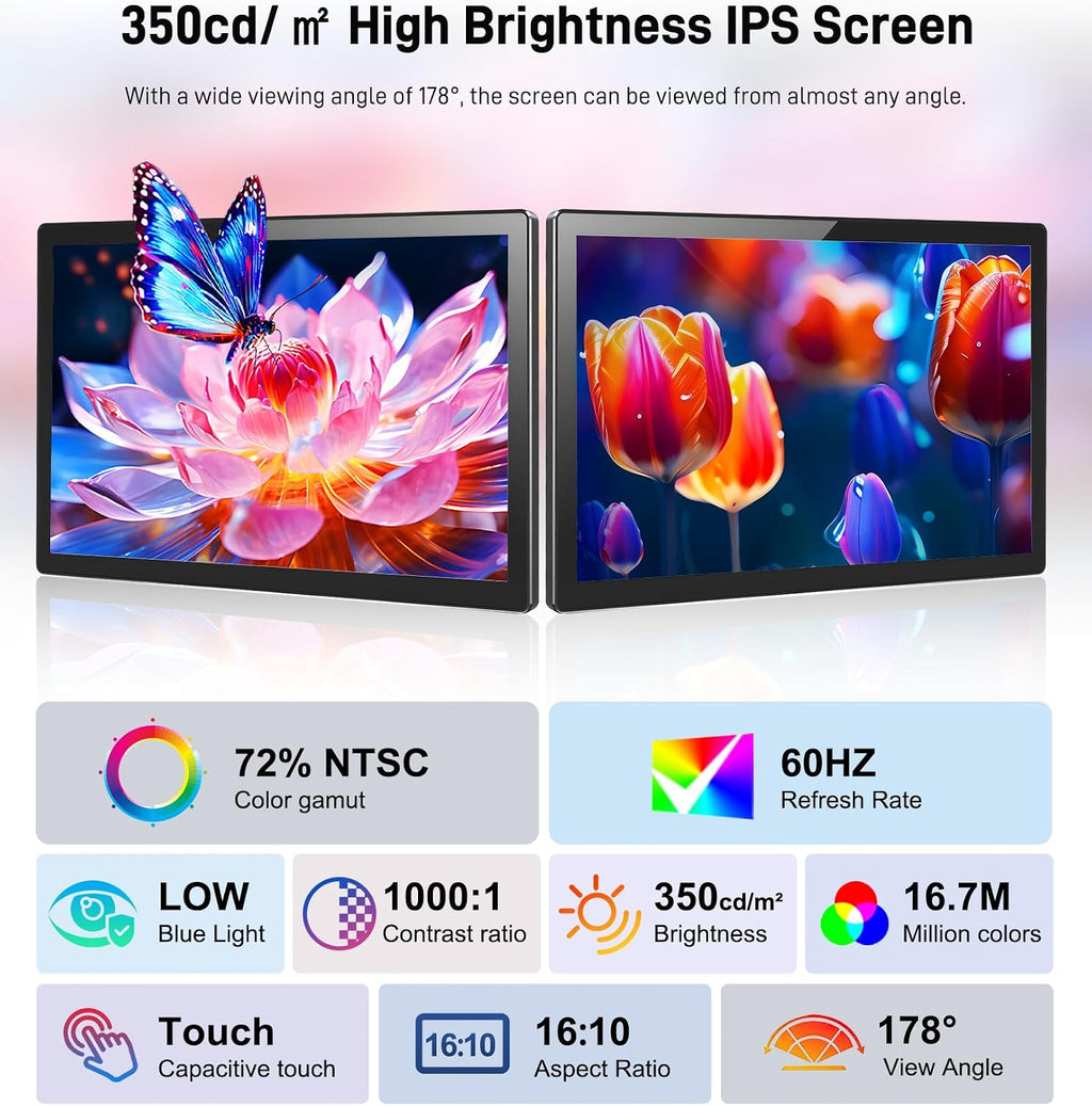 10.1 Portable Touchscreen Monitor - 1920×1200 FHD IPS 16:10,100% sRGB 1500:1,10-Point Touch Diaplay with Speaker HDMI USB-C VESA Magnetic Case for Travel Mac PC Xbox PS4/5 Loptop Phone(dark black)