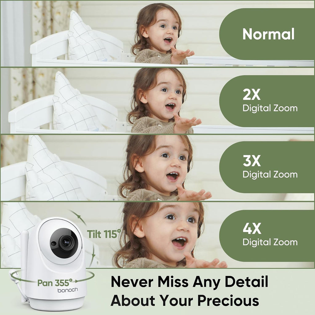bonoch MegaView Baby Monitor No WiFi, 10' 720p Video Baby Montior with Camera and Audio, Up to Quad Split Screen, 10000mAh Battery, VOX Mode, Remote PTZ, Night Vision, for Multi-Child, Pets, Elderly