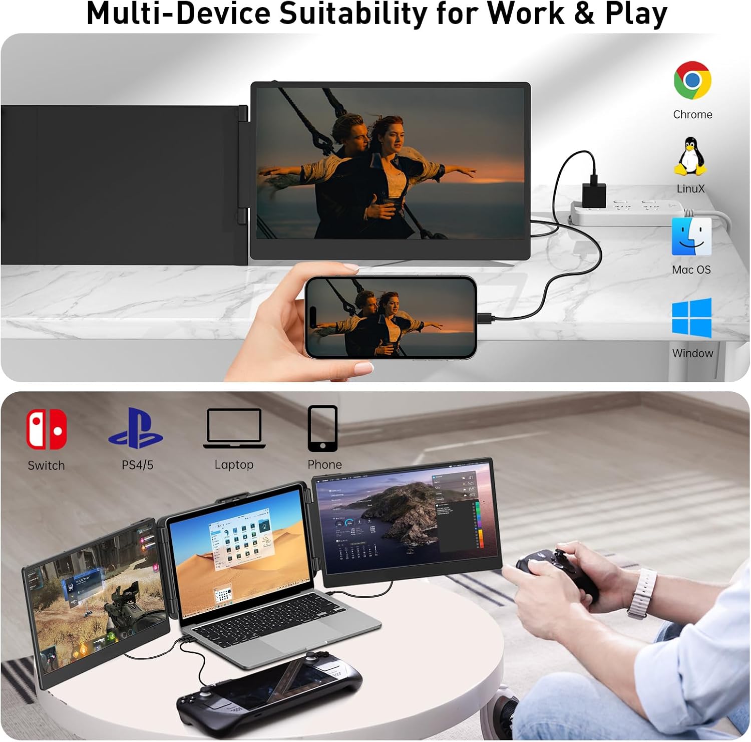 TXV Laptop Screen Extender – 14' Portable Monitor for Laptop, Full HD 1080P IPS Display, USB-C & HDMI, Dual Speakers, 72% Color Gamut, for Work, Travel, Gaming