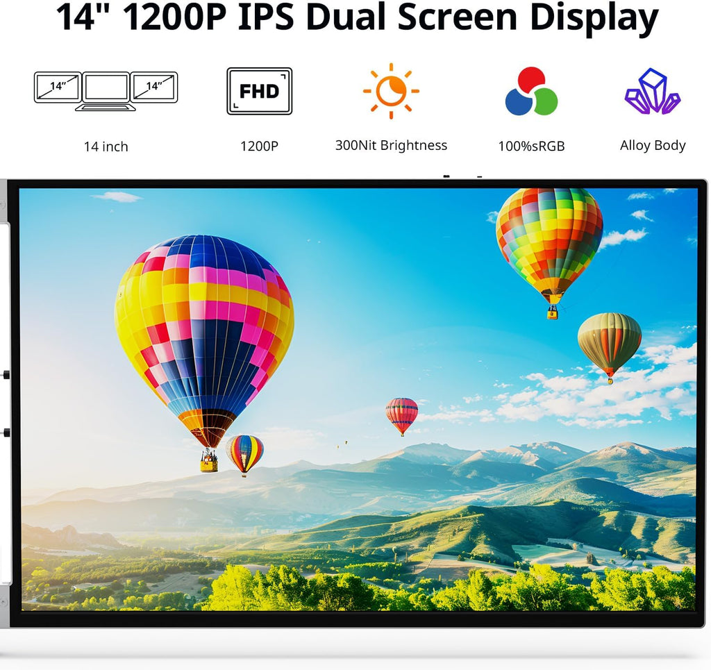 AYY Laptop Screen Extender, 14' FHD 1200P Portable Triple Monitor for 13'-17' Laptops, Aluminum Alloy Stand, Compatible with MacOS/Windows/Chrome