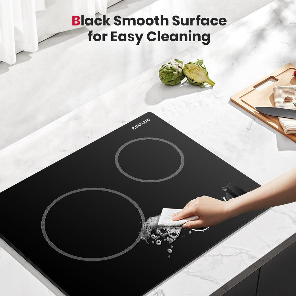 GASLAND 21 Inch Electric Cooktop 2 Burners, Built in Radiant Glass Stove Top for Apartment, UL Certified, 3700W Ceramic Electric Stovetop, 9 Heating Levels, Knobs Control, Instant Heating Up, 220V