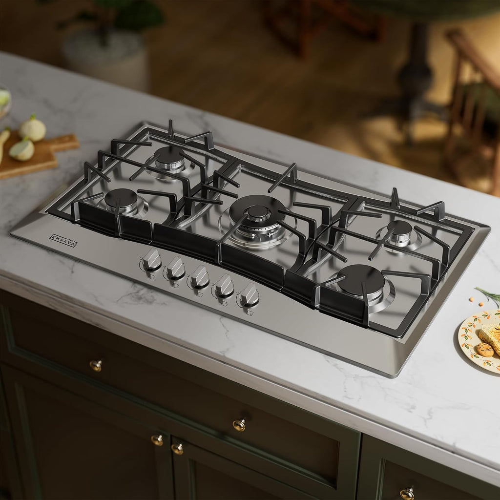 Empava 36 Inch Gas Cooktop with 5 Sealed SABAF Burners, Stainless Steel Built-in Stove Top, Auto Electric Pulse Ignition, Flame Failure Protection, LPG/NG Convertible