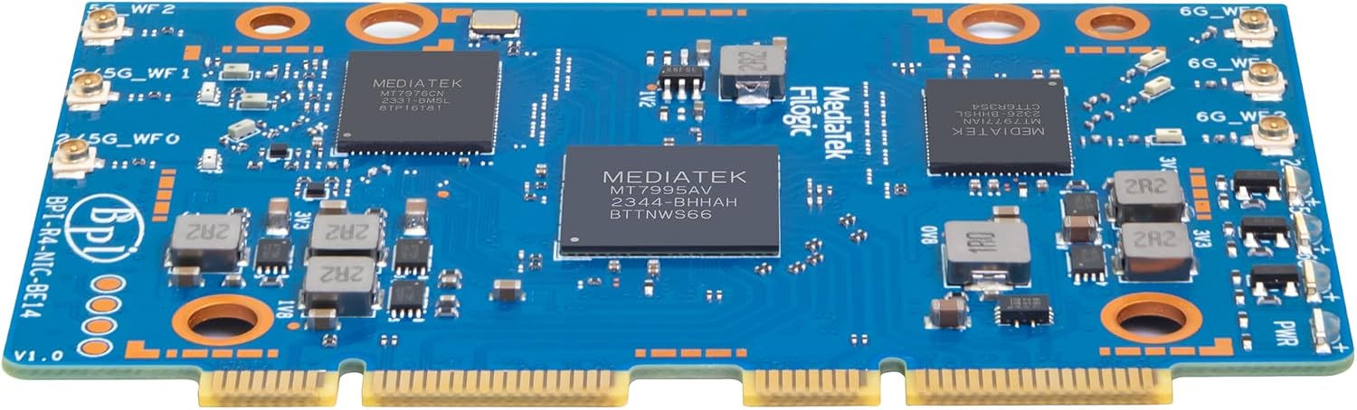 Banana Pi BPI-R4 NIC BE14 WiFi 7 Module for BPI-R4 Wireless Tri-Band WiFi Router Board OpenWRT, MediaTek MT7995AV CPU 32 bits RISC-V MCU, with 6X 2G/5G/6GHz WiFi Antenna (WiFi7 NIC Module)