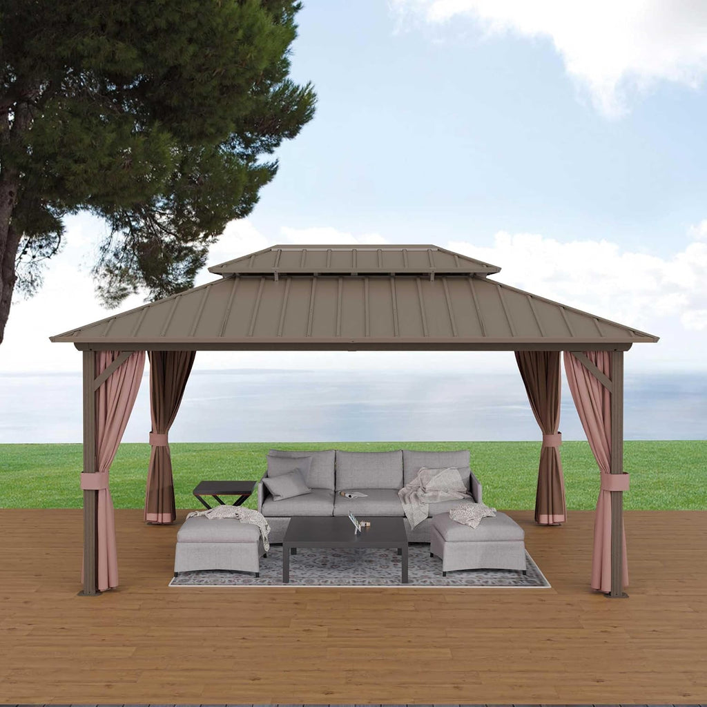 12'x16' Hardtop Gazebo, Outdoor Aluminum Frame Galvanized Steel Double Roof Pavilion with Netting and Shaded Curtains, Permanent Metal Pergolas for Patio, Backyard, Deck and Lawns.