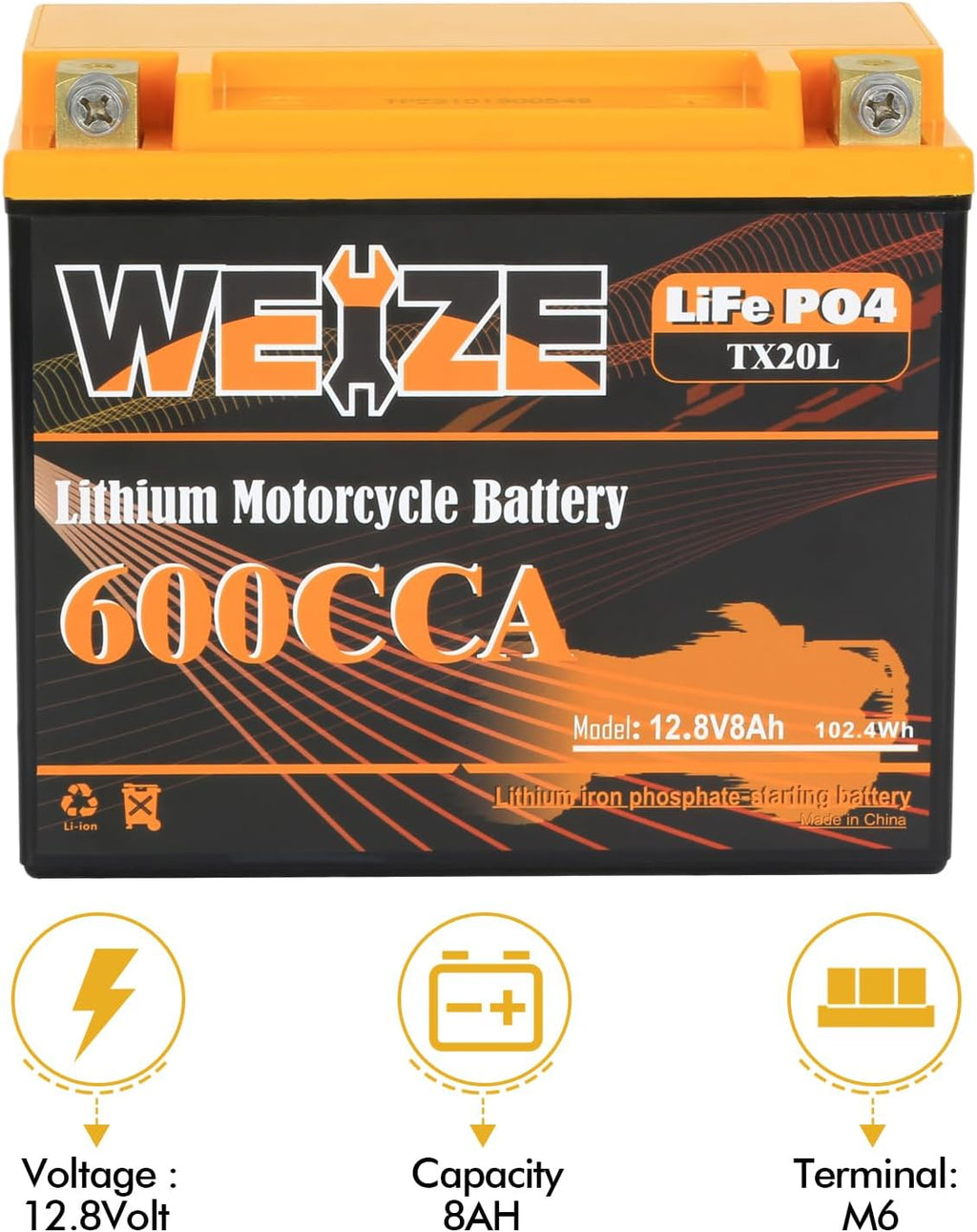 Weize Lithium YTX20L-BS, Group 20, 600A LiFePO4 Motorcycle Battery, 12V 8AH ATV, UTV, Jet Ski, 4 Wheeler, Snowmobile, Personal Watercraft, Seadoo, Polaris, Generator and Riding Lawn Mower Battery