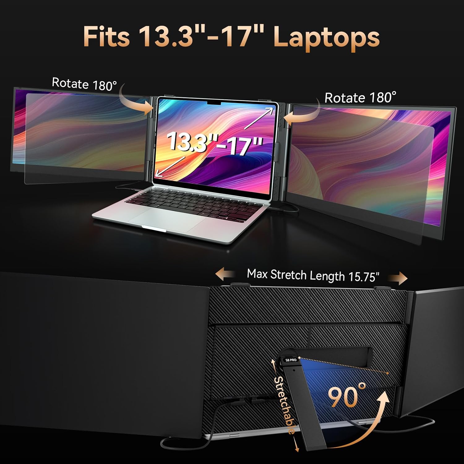BOSII Laptop Screen Extender Monitor - 14 Inch Portable Triple Thin Monitors IPS FHD 1080P HDMI/USB-A/Type-C for 13'-17' Laptops Compatible with Windows Mac Travel Work