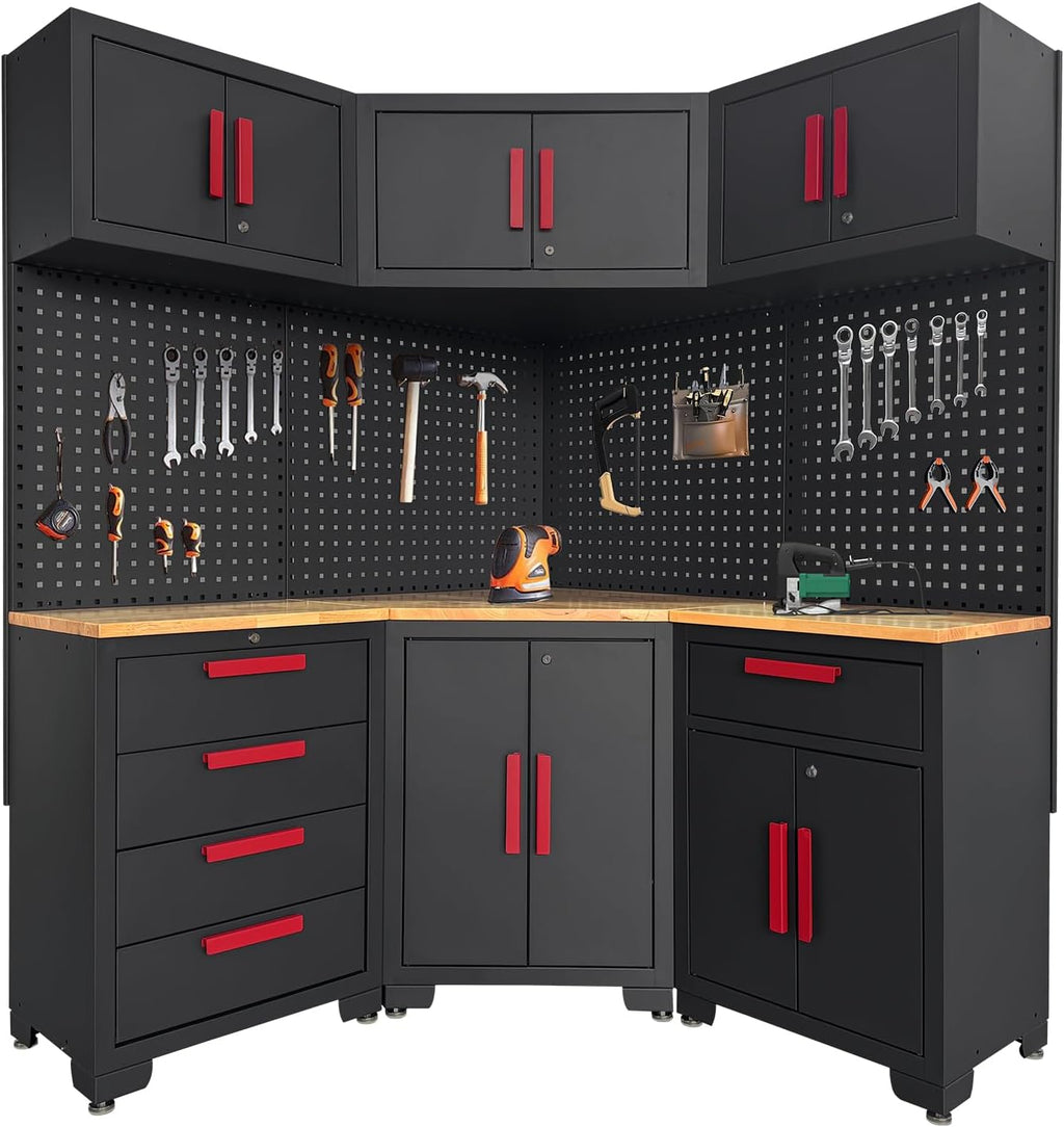 Corner Workshop Set - 10-Pcs Garage Cabinets and Storage System with Corner Cabinet, Cabinet Drawers, Workbench, Pegboard for Tool Organization Workshop, Red and Black