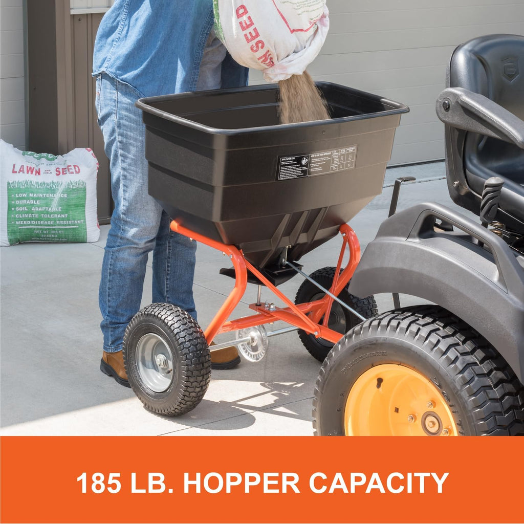 Agri-Fab 45-0547 185 lb. Tow-Behind Lawn & Garden Broadcast Spreader for Seed,Fertilizer,Salt,Ice Melt; Easy to use Flow Control from Seat of Riding Lawn Mower