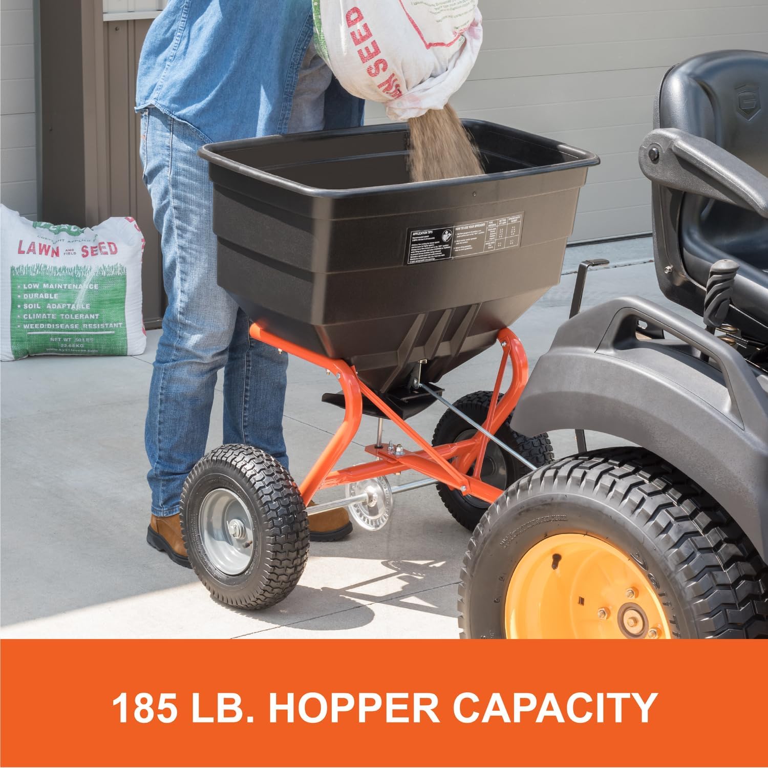 Agri-Fab 45-0547 185 lb. Tow-Behind Lawn & Garden Broadcast Spreader for Seed,Fertilizer,Salt,Ice Melt; Easy to use Flow Control from Seat of Riding Lawn Mower