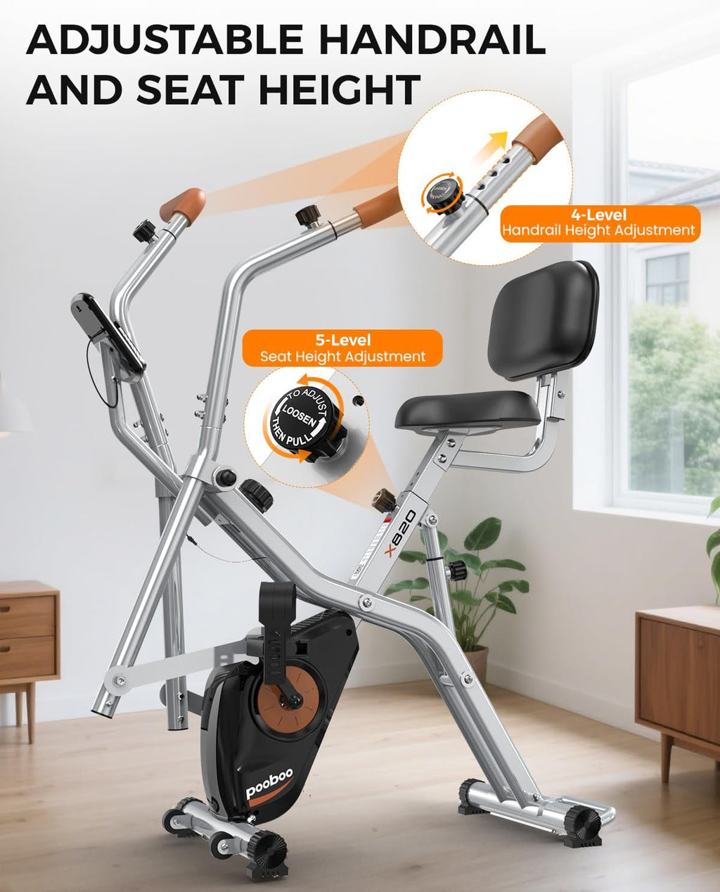 pooboo Folding Exercise Bike, Foldable Upright Stationary Bike, Indoor Cycling Magnetic X-Bike with 8-Level Adjustable Resistance, 6.6 LBS Flywheel, 300LB Capacity, Back Support Cushion for Home Gym