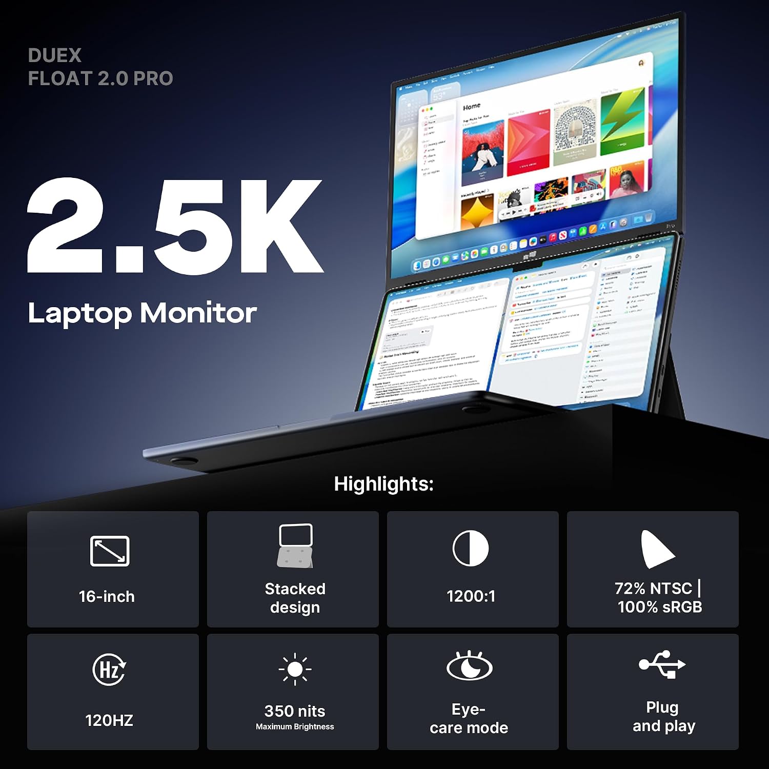 New Mobile Pixels Duex Float 2 Pro 2.5 K Portable Monitor, 16' Laptop Screen Extender (Built-in Kickstand), USB C/HDMI Stacked Monitor Extender with Dual Speakers, Windows, MacOS, Switch, Android