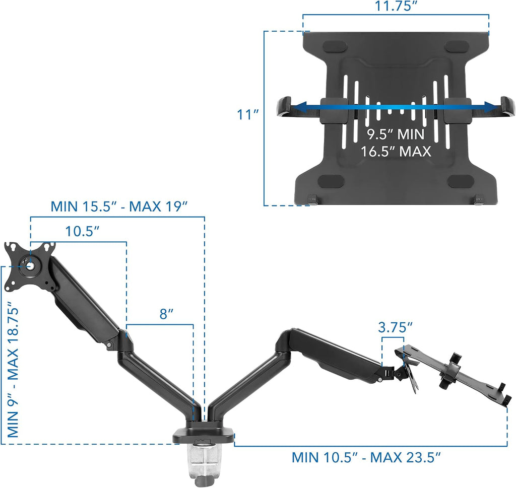 Mount-It! Monitor and Laptop Desk Mount, Height Adjustable Dual Arm Stand with Vented Laptop Tray, Fits Laptops up to 17 Inch and 13–27 Inch Monitors, VESA 75x75 & 100x100, Clamp or Grommet Mount