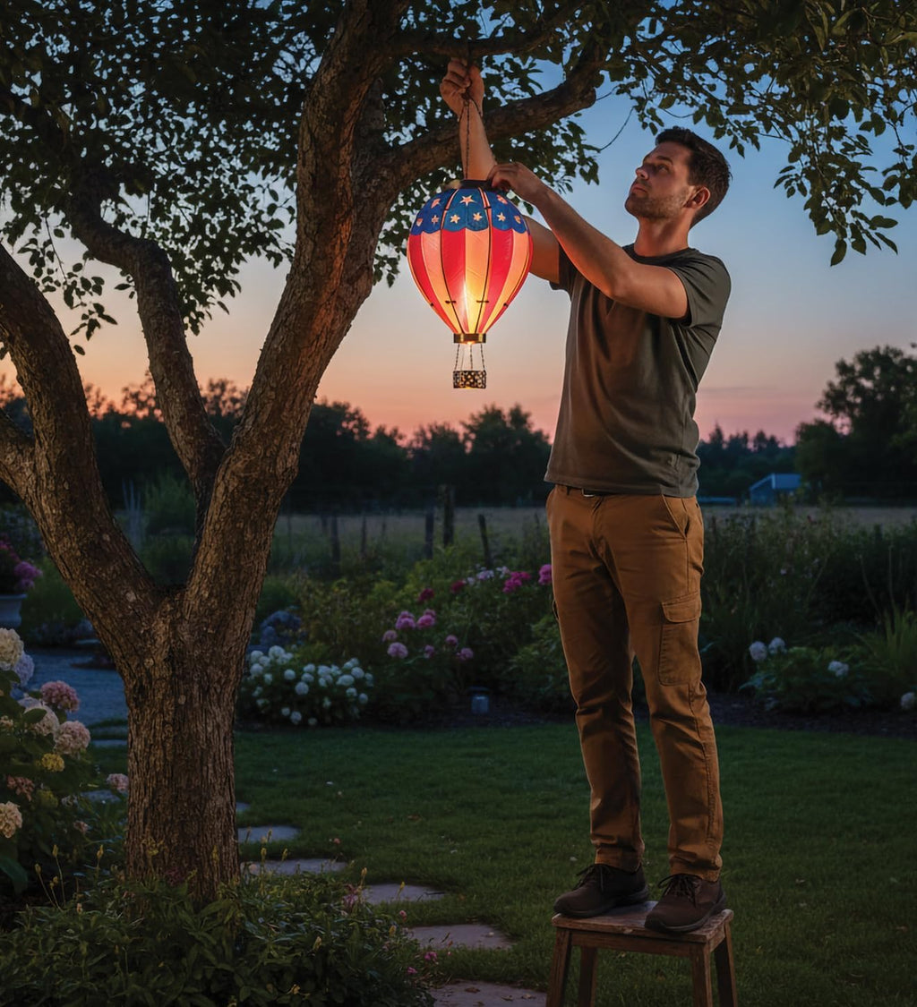 Regal Art & Gift Hot Air Balloon Solar Lantern – Hanging Solar-Powered LED Lights, Waterproof Portable Decorative Outdoor Lamp Made of Metal & Glass for Garden, Patios & Pathway – Americana (X-Large)