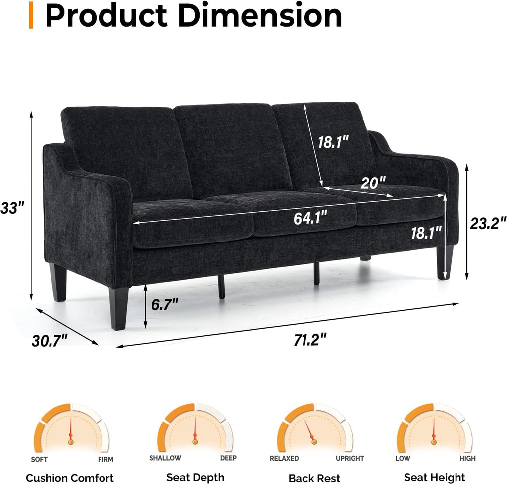 VINGLI Black Couches for Living Room, 71' Small Couch Comfy 3 Seater Upholstered Chenille Sofa Mid-Century Modern Floor Sofas for Small Spaces, Bedroom, Apartment, Lounge, Office