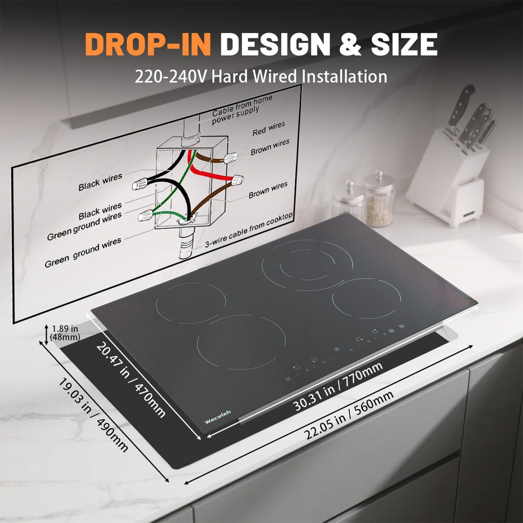 Electric Cooktop, 30 Inch Built-in Ceramic Cooktops 6400W, Electric Stove Top with 4 Burners 220-240V(No Plug), 9 Heating Levels, Child Lock, Sensor Touch Control, Residual Heat Warning