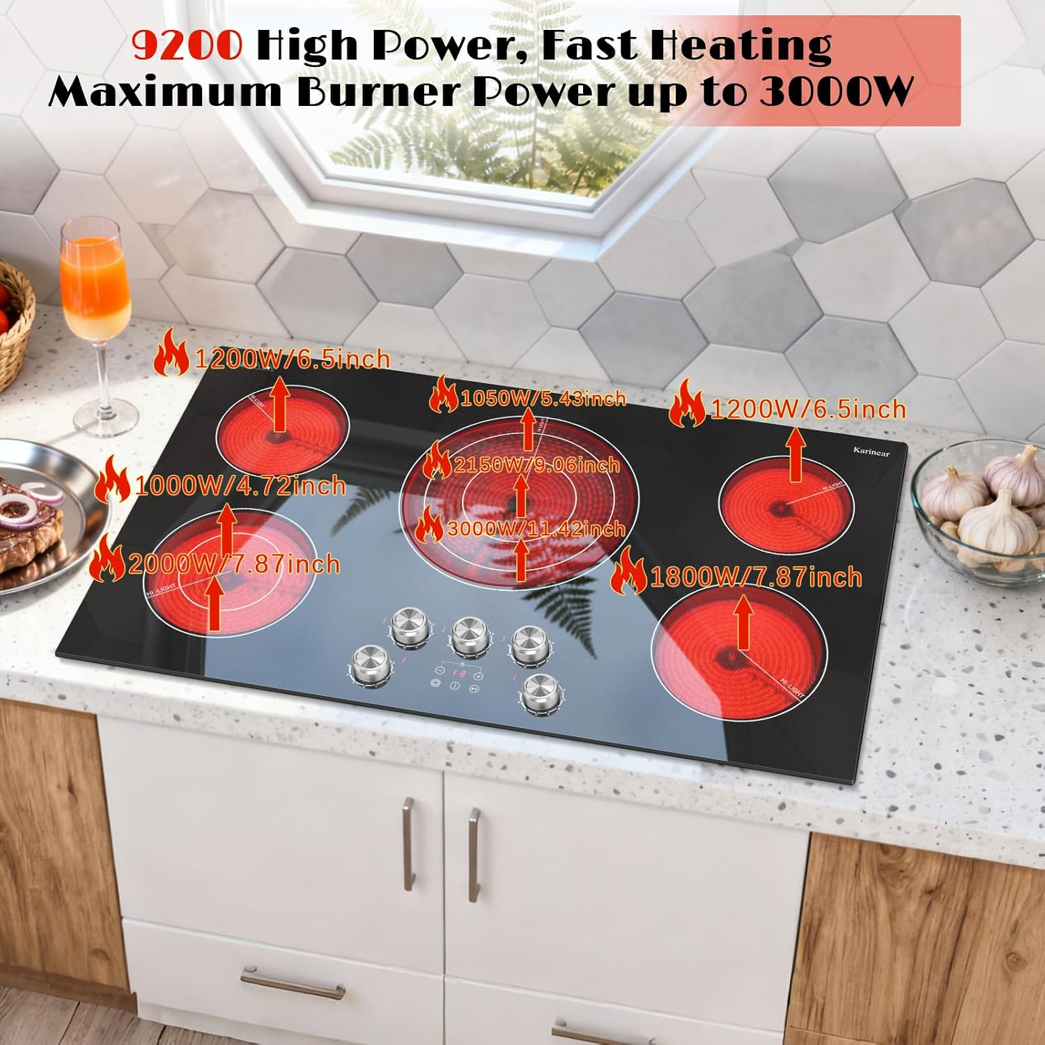 Karinear 36 inch Electric Cooktop, 5 Burner Radiant Cooktop with Knob & Touch Control, 9200W 240V Built-in Stove Top, 9 Power Levels, Timer, Child Lock, Pause, Residual Heat Indicator(Sliver Knob)