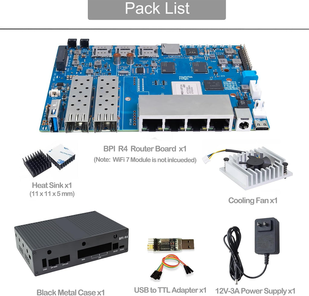Banana Pi BPI-R4 WiFi 7 OpenWRT Wireless Dual-Band WiFi Router Board, MediaTek MT7988A (Filogic 880) SoC, 4G/5G Internet Router, 4X GbE and 2X 10GbE SFP for NAS Smart Home Gateway (8GB RAM Bundle2)
